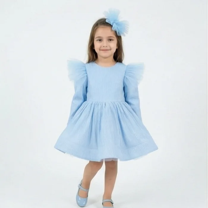 Bebe Mavisi Parıltılı Simli Uzun Kol Kabarık Elbise Abiye Gelinlik