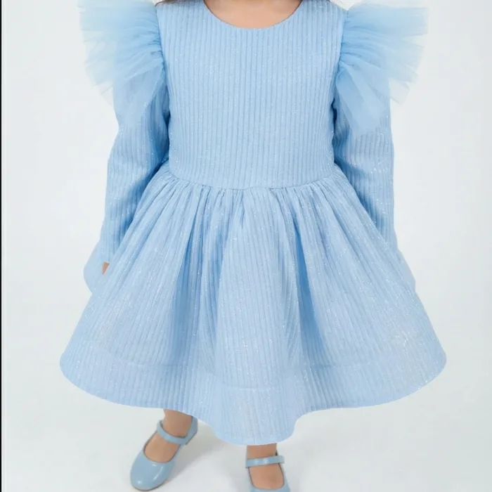 Bebe Mavisi Parıltılı Simli Uzun Kol Kabarık Elbise Abiye Gelinlik