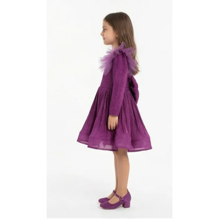 Mürdüm  Simli Şifon Parılıtılı Uzun Kol Simli Kabarık Elbise Abiye Gelinlik