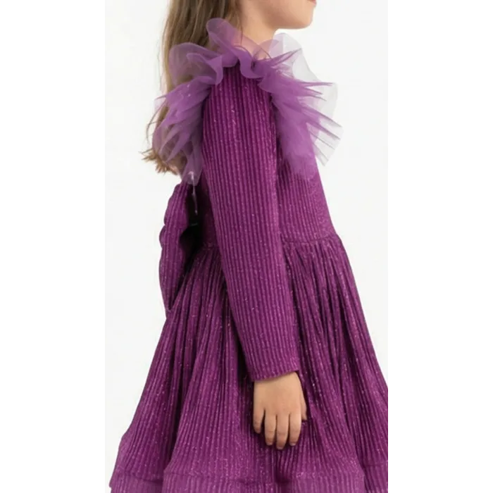 Mürdüm  Simli Şifon Parılıtılı Uzun Kol Simli Kabarık Elbise Abiye Gelinlik