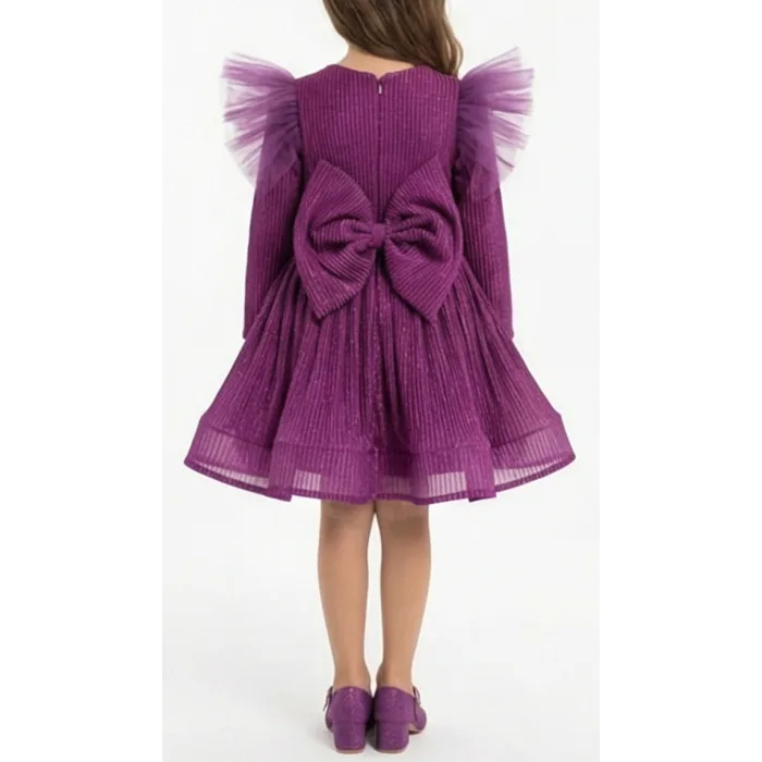 Mürdüm  Simli Şifon Parılıtılı Uzun Kol Simli Kabarık Elbise Abiye Gelinlik