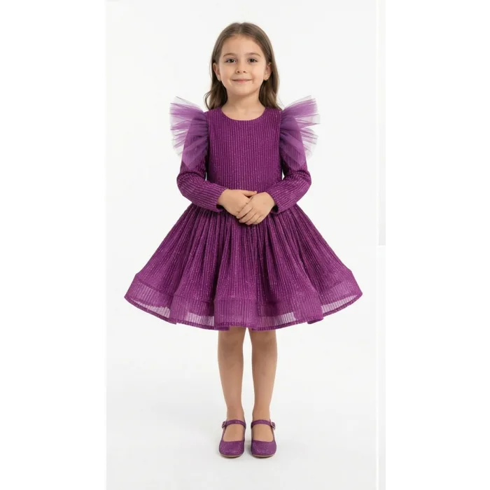 Mürdüm  Simli Şifon Parılıtılı Uzun Kol Simli Kabarık Elbise Abiye Gelinlik