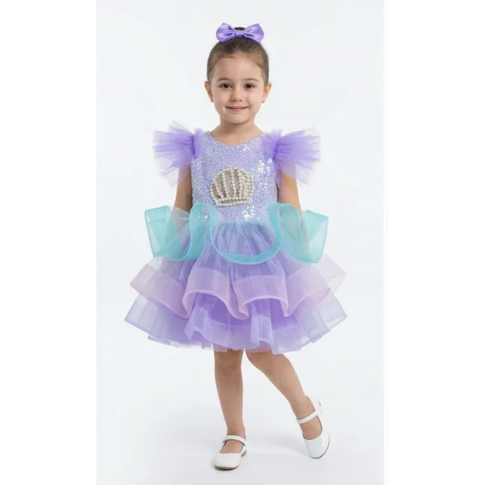 Lila Deniz Konsepti Deniz Kabuğu İşlemeli Kabarık Gelinlik Elbise Abiye