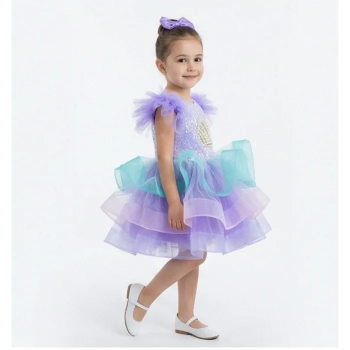 Lila Deniz Konsepti Deniz Kabuğu İşlemeli Kabarık Gelinlik Elbise Abiye