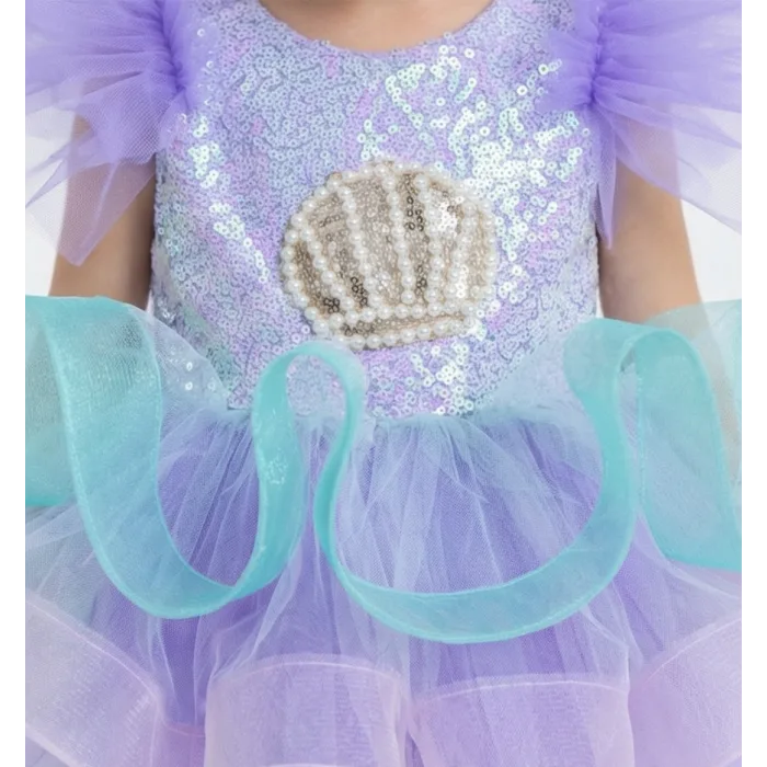 Lila Deniz Konsepti Deniz Kabuğu İşlemeli Kabarık Gelinlik Elbise Abiye