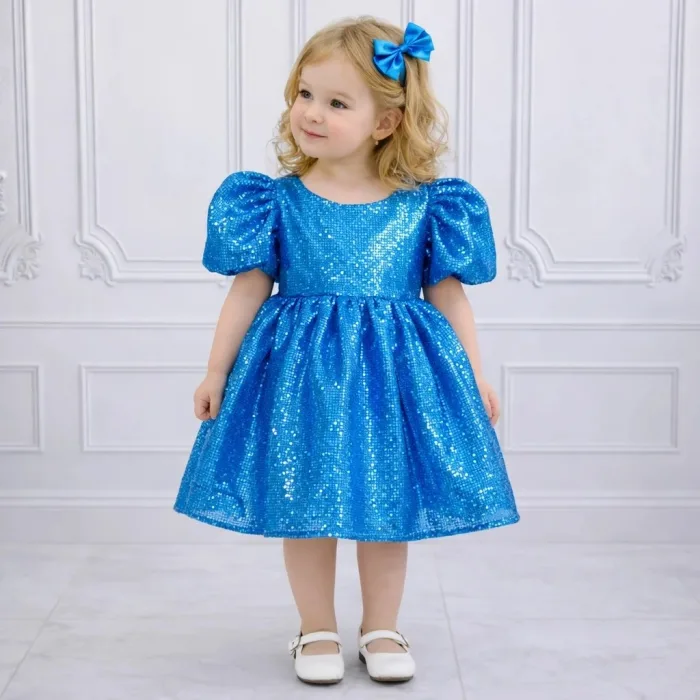 Saks Mavisi Payetli Kabarık Abiye Elbise Gelinlik