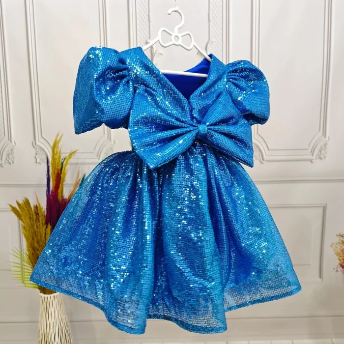 Saks Mavisi Payetli Kabarık Abiye Elbise Gelinlik