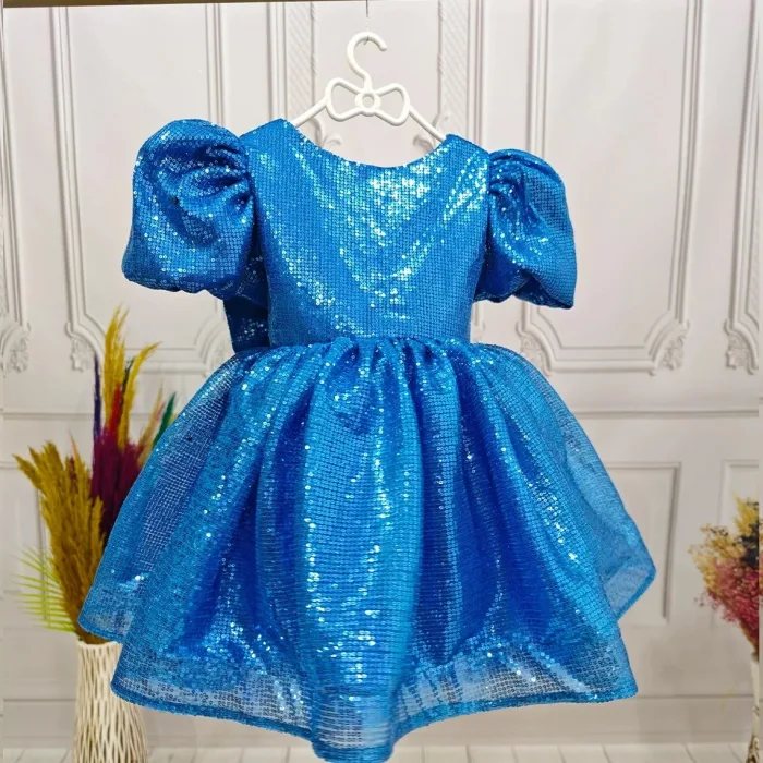 Saks Mavisi Payetli Kabarık Abiye Elbise Gelinlik