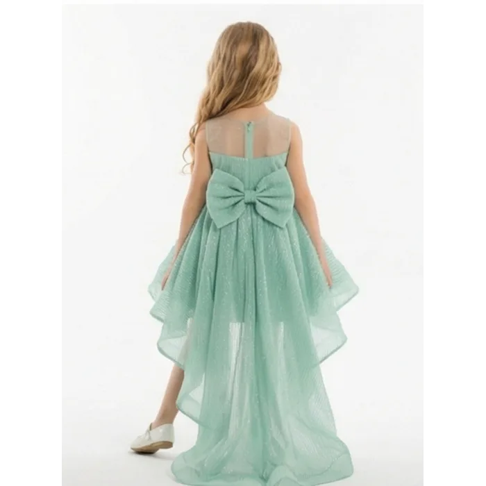 Kız Çocuk Küf Yeşili Dalgalı Parıltılı Kuyruklu Elbise Abiye