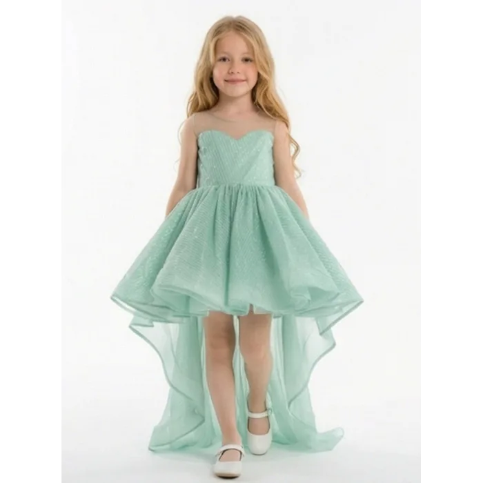 Kız Çocuk Küf Yeşili Dalgalı Parıltılı Kuyruklu Elbise Abiye