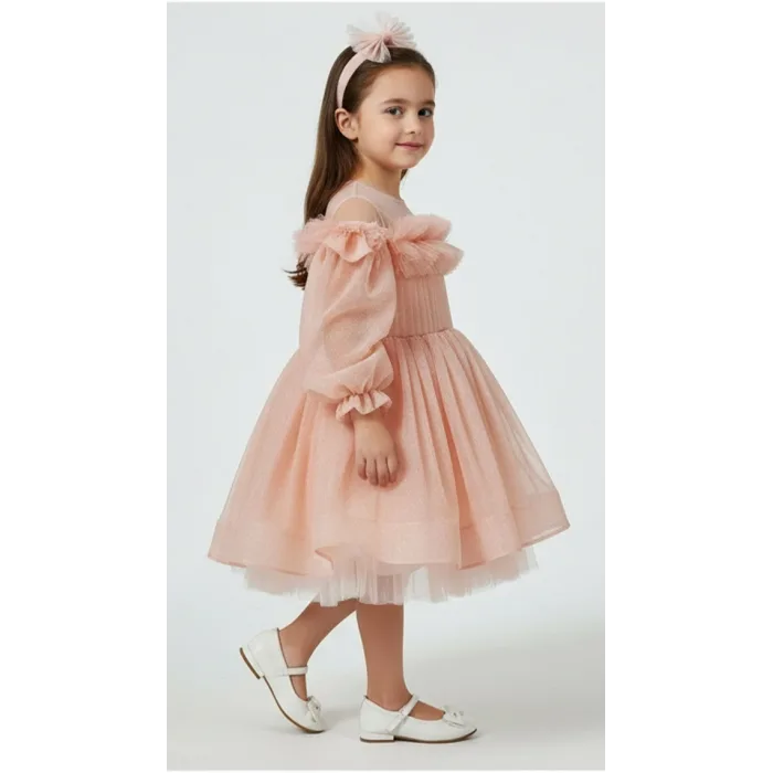 Kız Çocuk Somon Parıltılı Üstü Tül Detaylı Kabarık Elbise Abiye Gelinlik