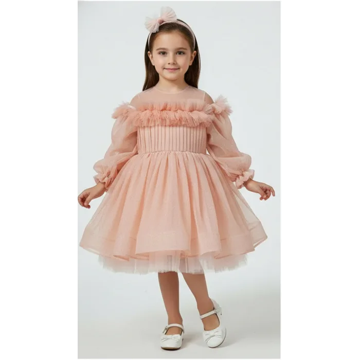Kız Çocuk Somon Parıltılı Üstü Tül Detaylı Kabarık Elbise Abiye Gelinlik