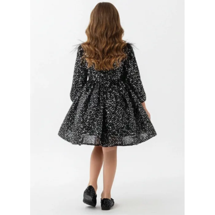 Kız Çocuk Siyah Pul Payetli Tüy Detaylı Uzun Kol Bisiklet Yaka Grenli Kabarık Elbise