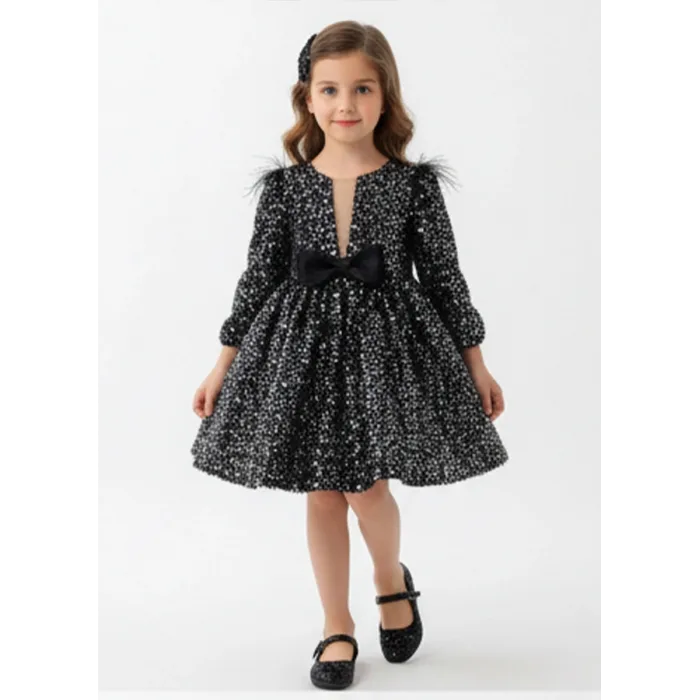 Kız Çocuk Siyah Pul Payetli Tüy Detaylı Uzun Kol Bisiklet Yaka Grenli Kabarık Elbise