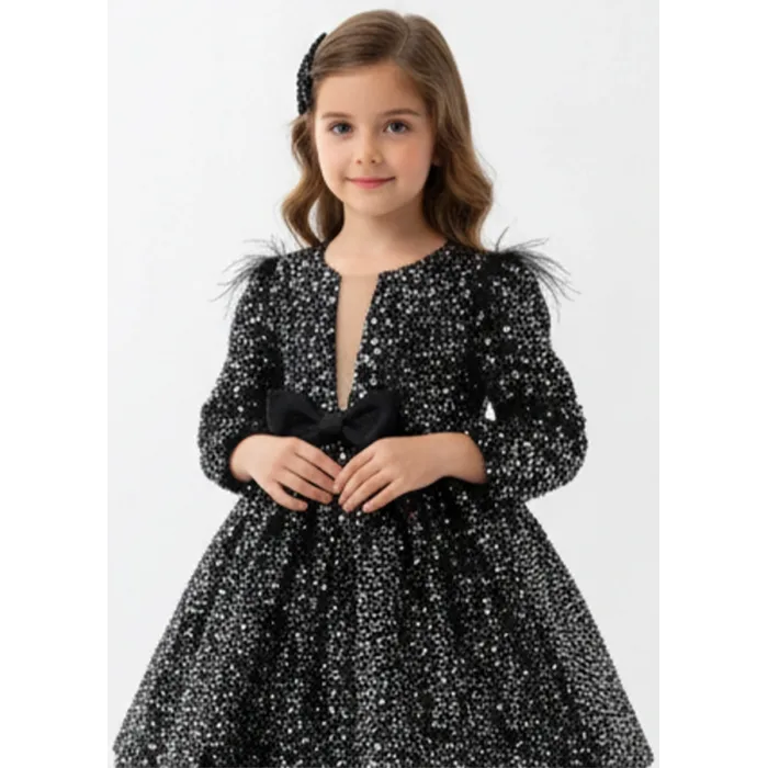 Kız Çocuk Siyah Pul Payetli Tüy Detaylı Uzun Kol Bisiklet Yaka Grenli Kabarık Elbise