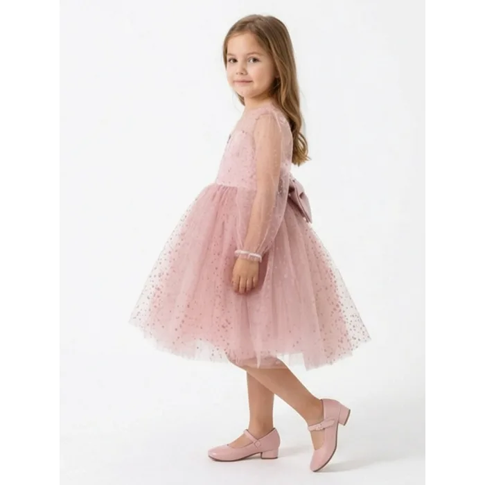 Kız Çocuk Pudra Şeffaf Üstlü Flok Tüllü Kabarık Elbise