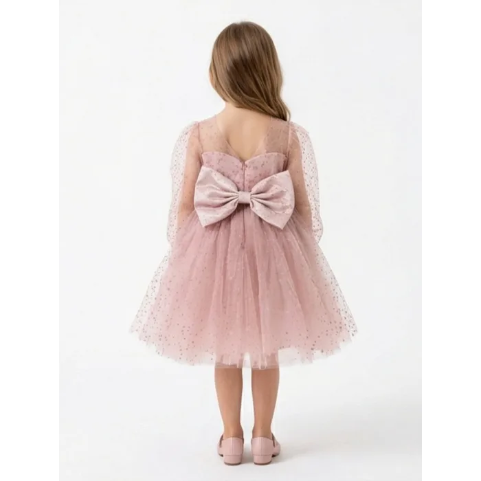 Kız Çocuk Pudra Şeffaf Üstlü Flok Tüllü Kabarık Elbise