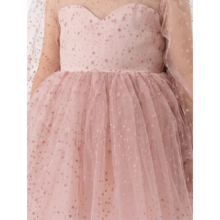 Kız Çocuk Pudra Şeffaf Üstlü Flok Tüllü Kabarık Elbise