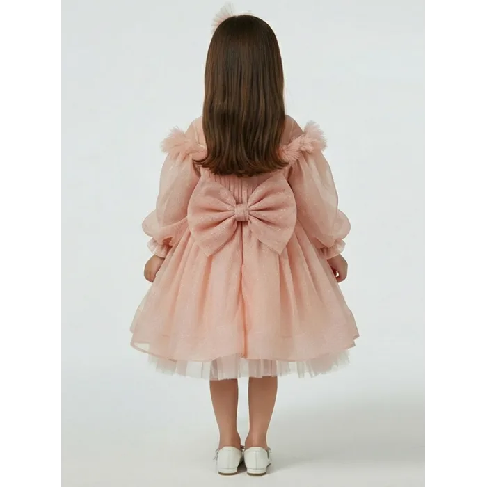 Kız Çocuk Somon Parıltılı Üstü Tül Detaylı Kabarık Elbise Abiye Gelinlik