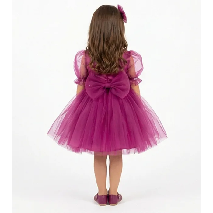 Kız Çocuk Fuşya Kalp Detaylı Kısa Balon Kol Kabarık Elbise