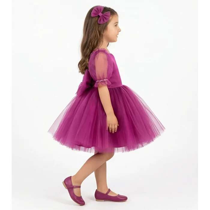 Kız Çocuk Fuşya Kalp Detaylı Kısa Balon Kol Kabarık Elbise