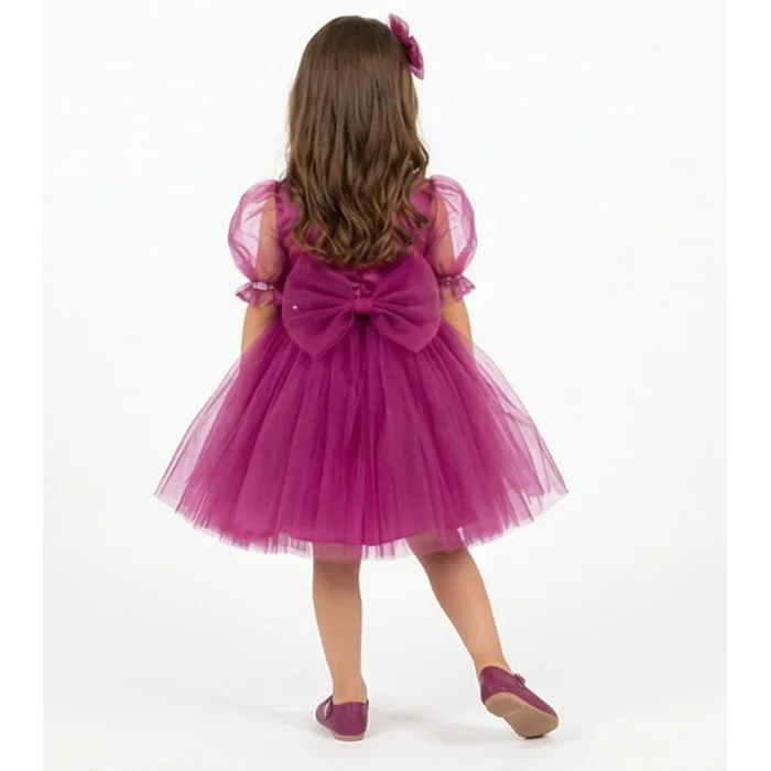 Kız Çocuk Fuşya Kalp Detaylı Kısa Balon Kol Kabarık Elbise