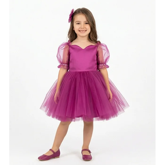 Kız Çocuk Fuşya Kalp Detaylı Kısa Balon Kol Kabarık Elbise