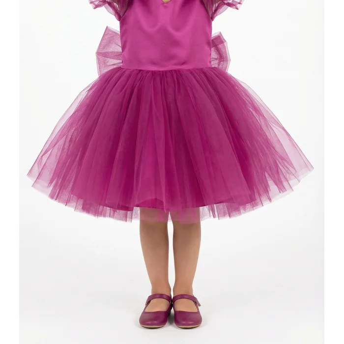 Kız Çocuk Fuşya Kalp Detaylı Kısa Balon Kol Kabarık Elbise