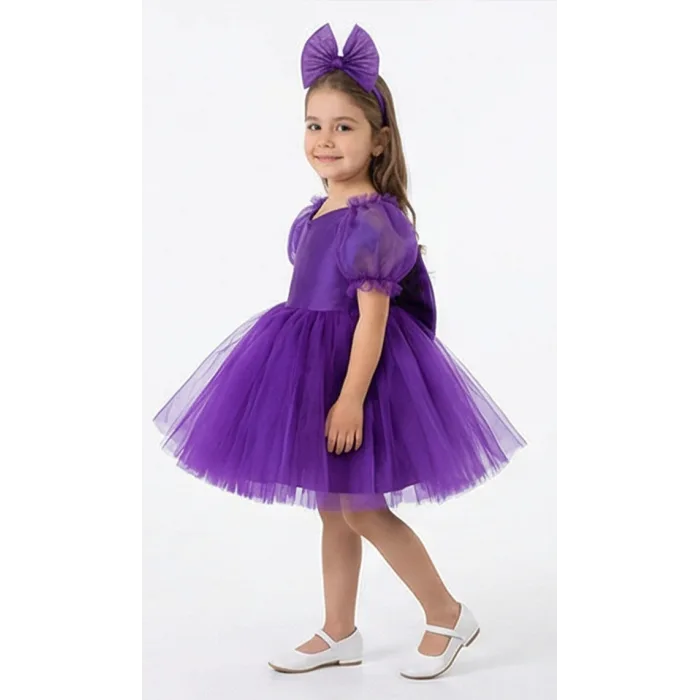 Kız Çocuk Mor Kalp Detaylı Kısa Balon Kol Kabarık Elbise