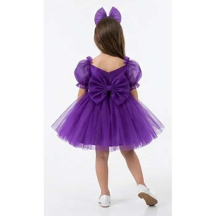 Kız Çocuk Mor Kalp Detaylı Kısa Balon Kol Kabarık Elbise