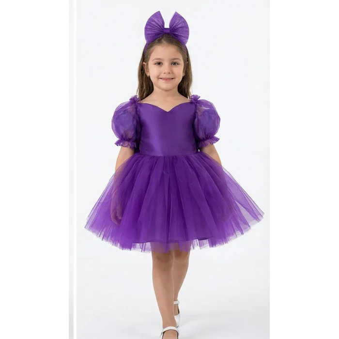 Kız Çocuk Mor Kalp Detaylı Kısa Balon Kol Kabarık Elbise