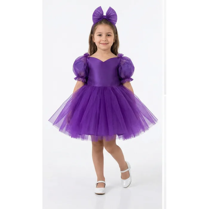 Kız Çocuk Mor Kalp Detaylı Kısa Balon Kol Kabarık Elbise