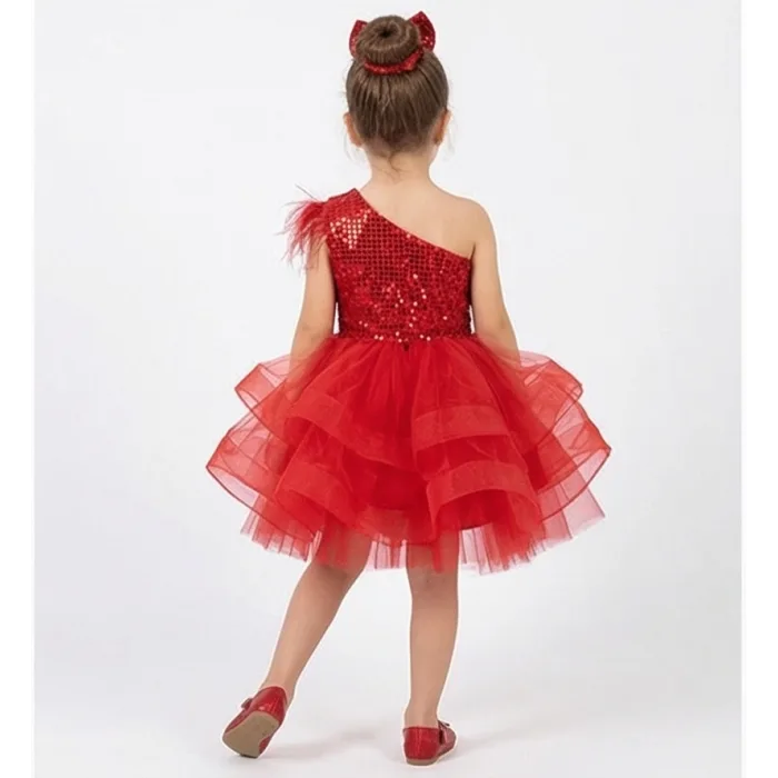 Kız Çocuk Kırmızı Payetli Grenli Tek Omuz Kabarık Elbise