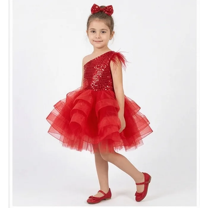 Kız Çocuk Kırmızı Payetli Grenli Tek Omuz Kabarık Elbise