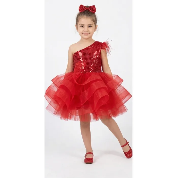 Kız Çocuk Kırmızı Payetli Grenli Tek Omuz Kabarık Elbise