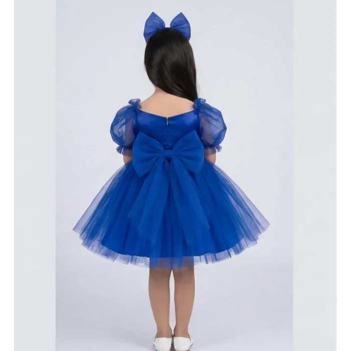 Kız Çocuk Saks Mavisi Kalp Detaylı Kısa Balon Kol Kabarık Elbise