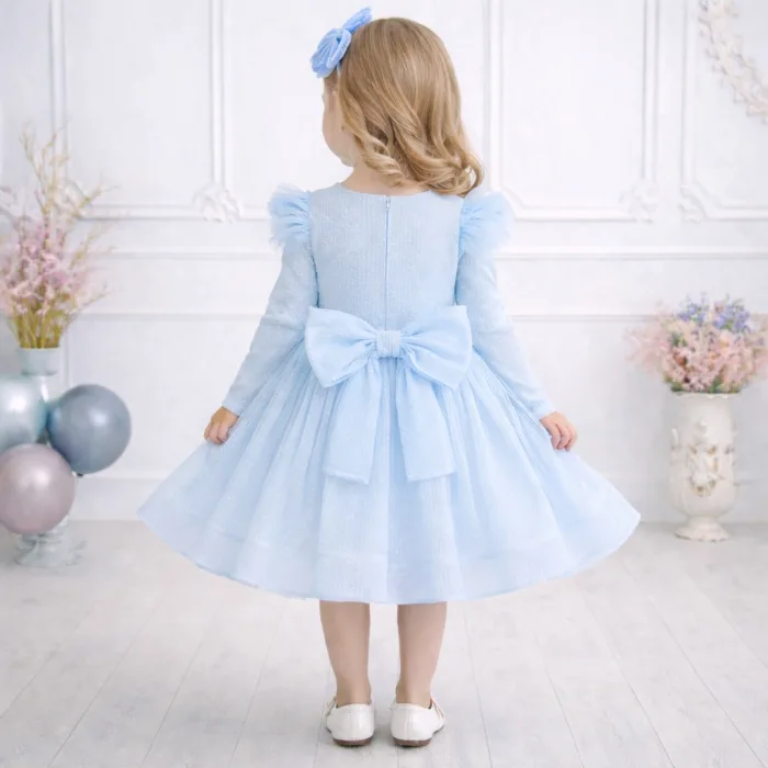 Bebe Mavisi Parıltılı Simli Uzun Kol Kabarık Elbise Abiye Gelinlik