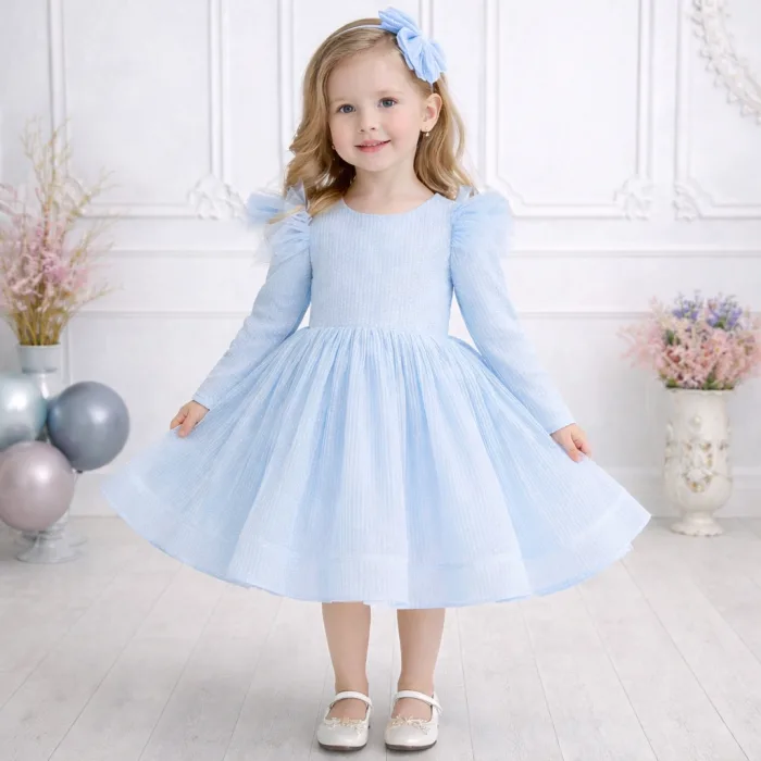 Bebe Mavisi Parıltılı Simli Uzun Kol Kabarık Elbise Abiye Gelinlik