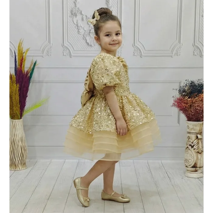 Bej Boncuklu Payetli Kabarık Elbise + Kelebek ( Kanat) Abiye Gelinlik