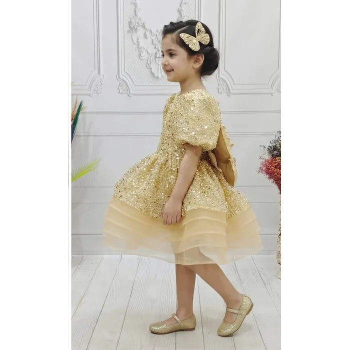 Bej Boncuklu Payetli Kabarık Elbise + Kelebek ( Kanat) Abiye Gelinlik