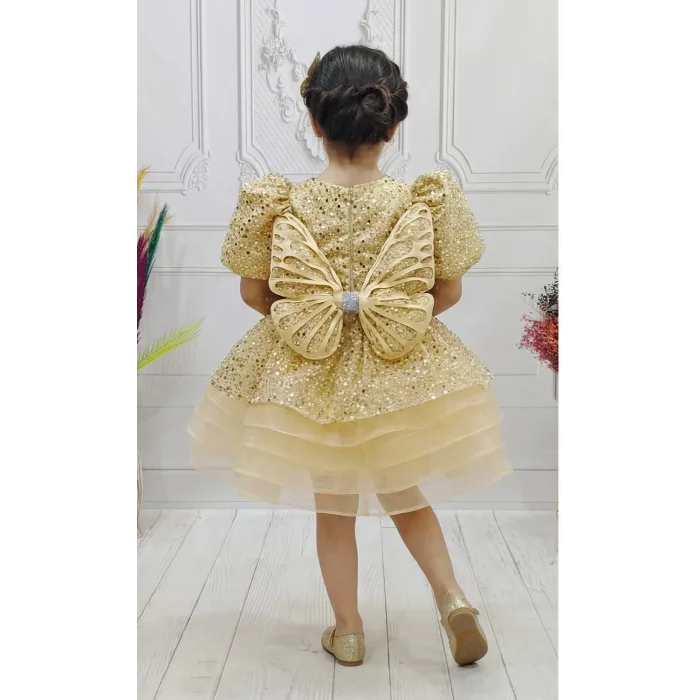 Bej Boncuklu Payetli Kabarık Elbise + Kelebek ( Kanat) Abiye Gelinlik