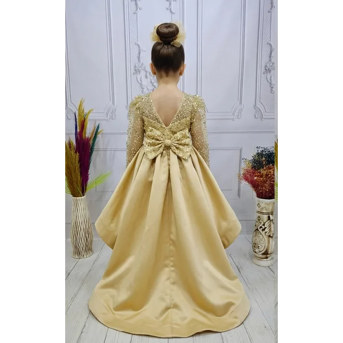 Bej Kuyruklu Boncuklu Payetli Kabarık Elbise Gelinlik Abiye