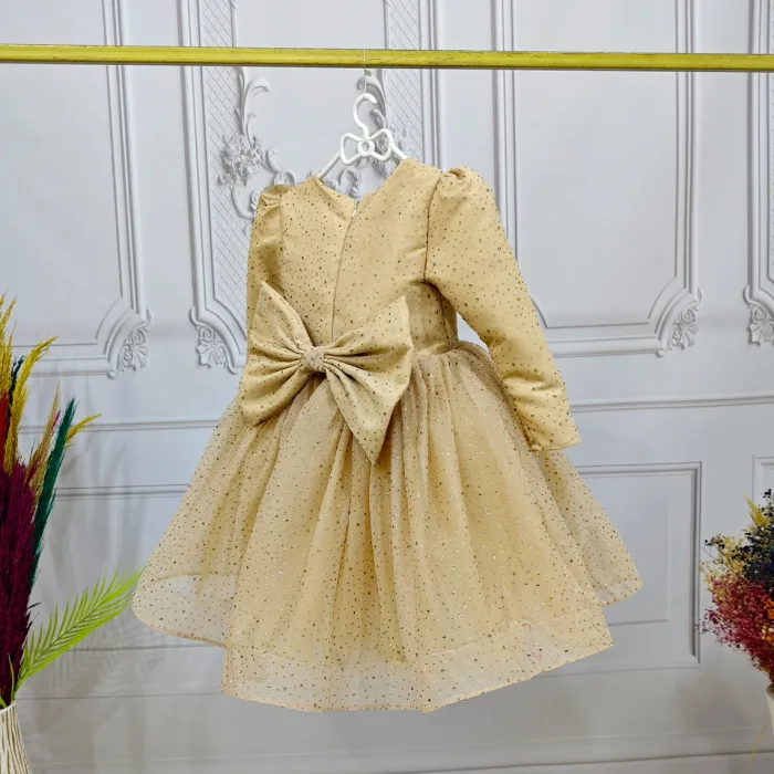 Bej Taşlı  Kendiliğinden simli Kabarık Elbise Abiye Gelinlik