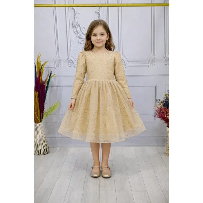 Bej Taşlı  Kendiliğinden simli Kabarık Elbise Abiye Gelinlik