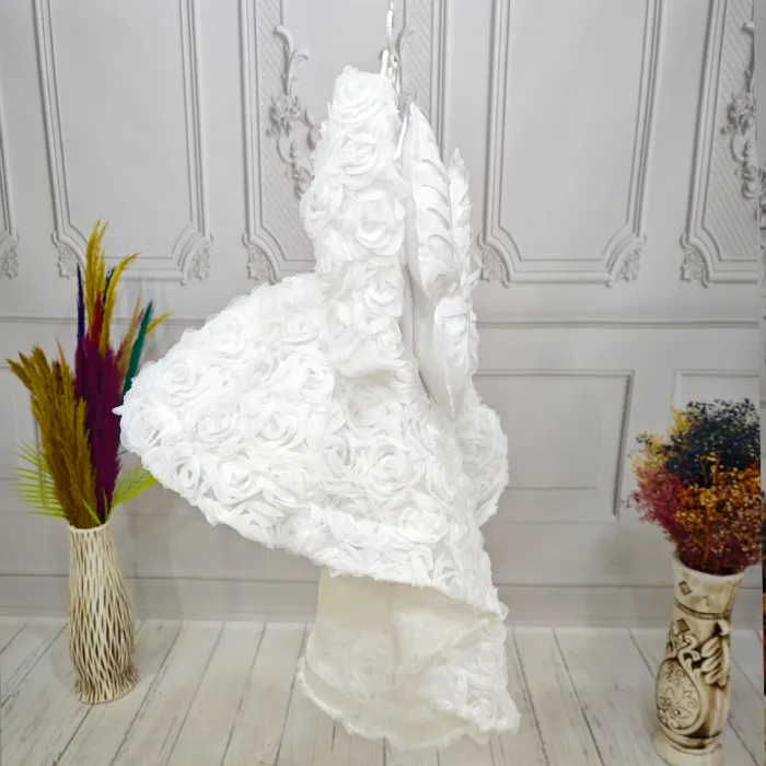 Beyaz Güllü + Kelebek seti Yaka Askılı Uzun Kol Elbise Abiye Gelinlik