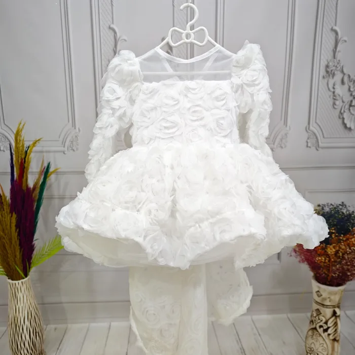 Beyaz Güllü + Kelebek seti Yaka Askılı Uzun Kol Elbise Abiye Gelinlik