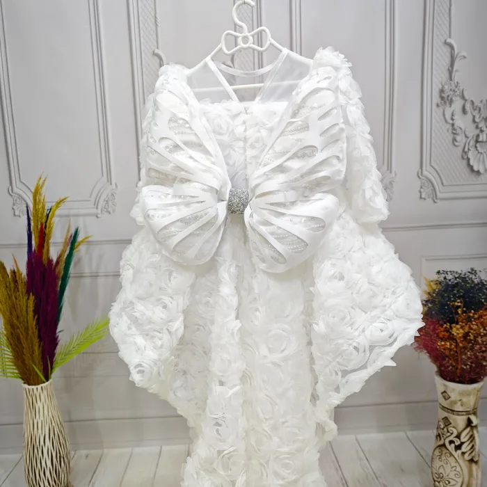 Beyaz Güllü + Kelebek seti Yaka Askılı Uzun Kol Elbise Abiye Gelinlik