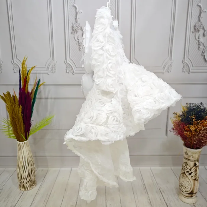 Beyaz Güllü + Kelebek seti Yaka Askılı Uzun Kol Elbise Abiye Gelinlik