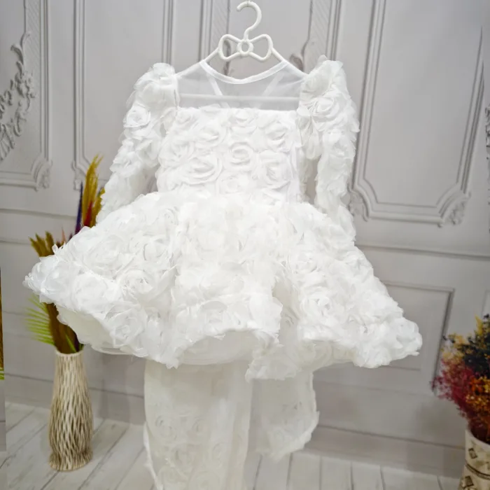 Beyaz Güllü + Kelebek seti Yaka Askılı Uzun Kol Elbise Abiye Gelinlik