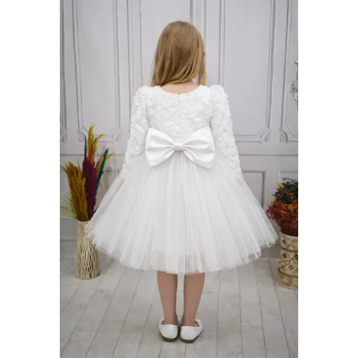 Beyaz Güllü Desenli Kabarık Elbise Gelinlik Abiye